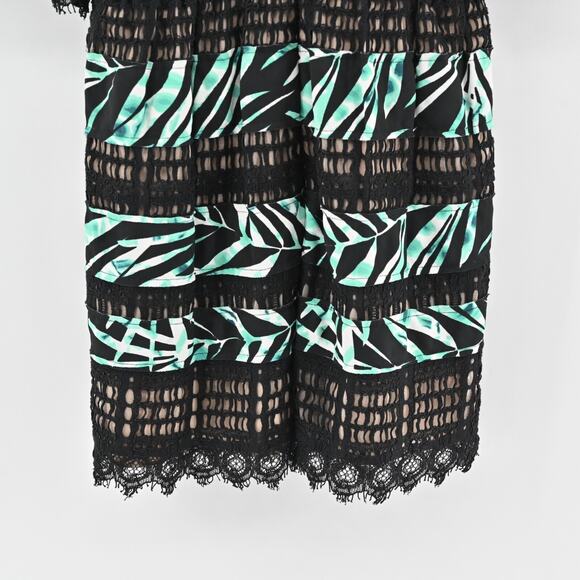 BCBGMAXAZRIA‎ Dress Sz 4 Layna Palms Print Black Teal Lace Trim Half Sleeve Mini - Picture 7 of 13
